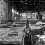 black and white view of interior of caritas building during revamp