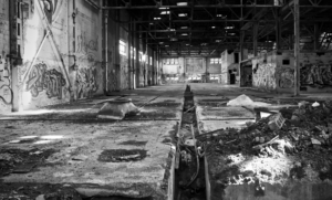 black and white view of interior of caritas building during revamp