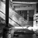 black and white view of interior of caritas building during revamp